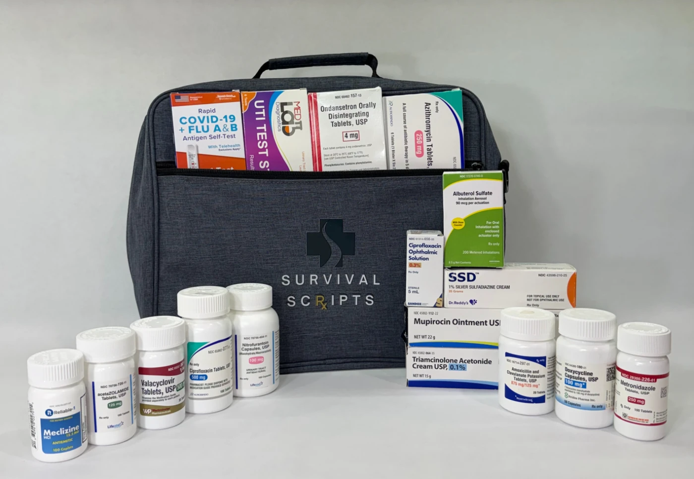 The Rx Only Traveler's Kit — slate-grey Survival Scripts bag with its included prescription medications